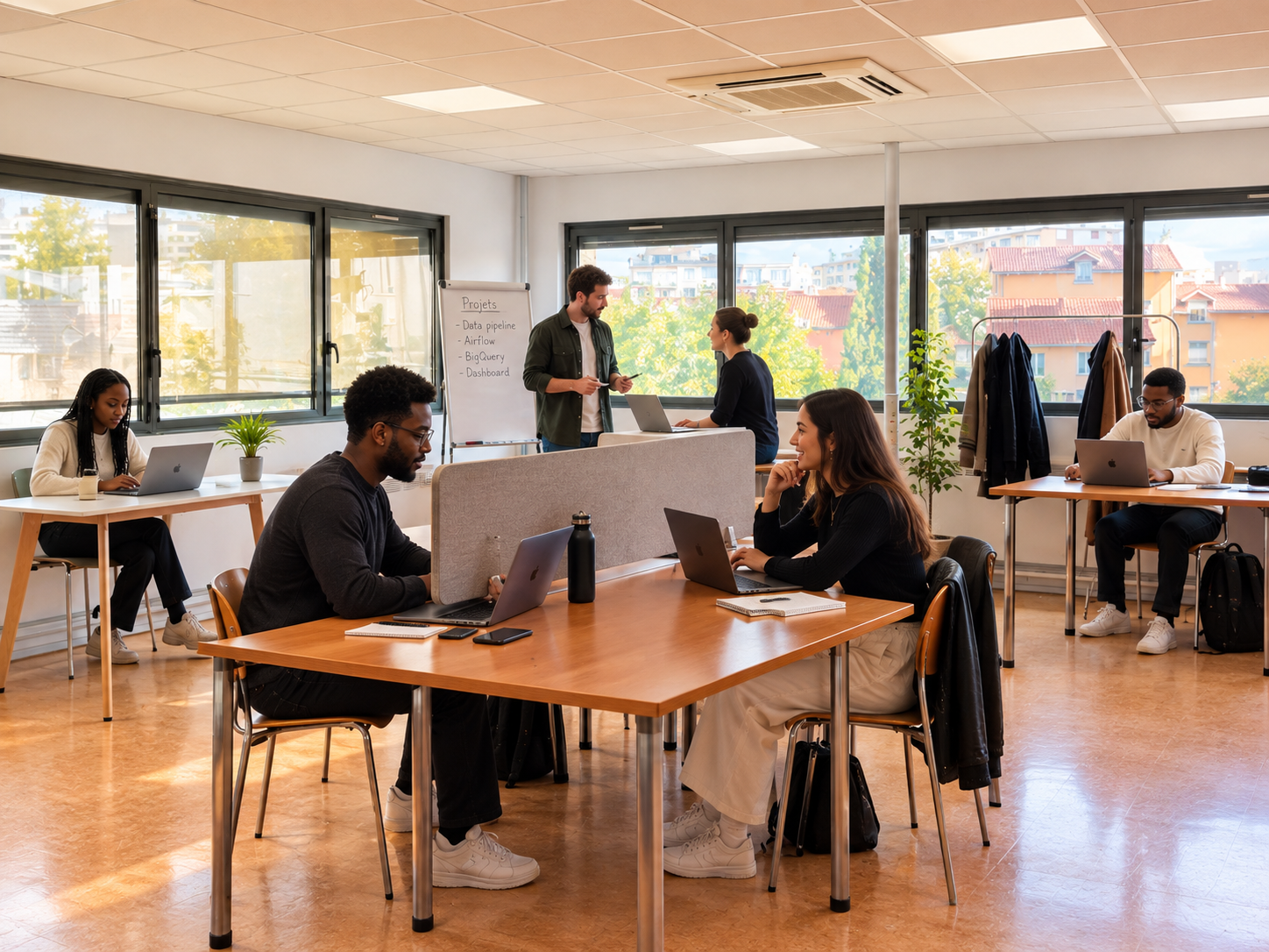 Des coworkers travaillent et échangent dans la grande salle